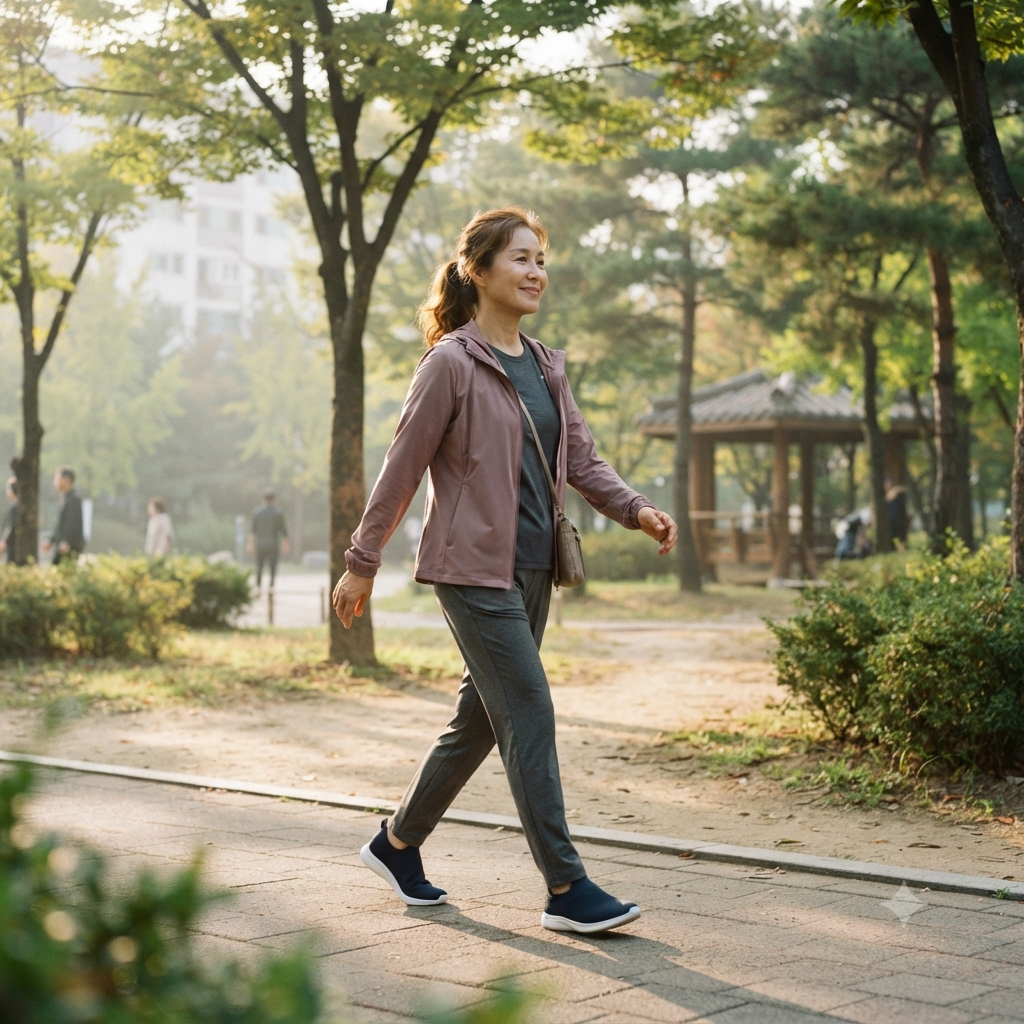 공원에서 편안한 속도로 걷고 있는 중년 성인