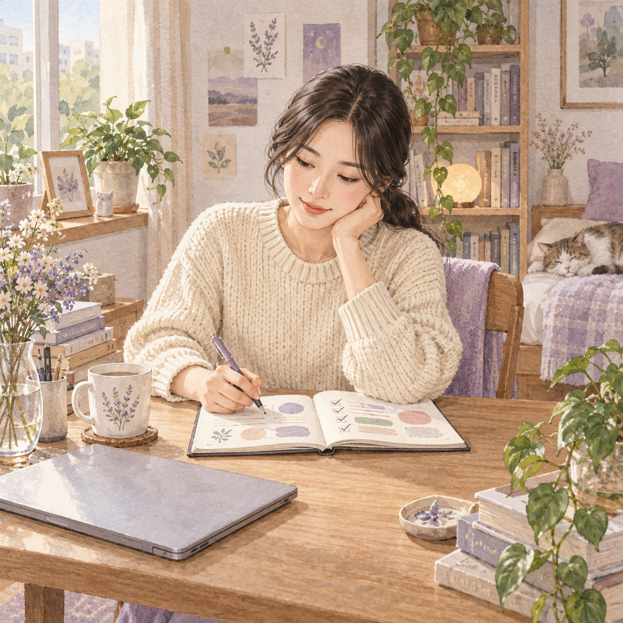 해낸 점과 다음에 바꿀 점을 메모하는 은서의 일러스트