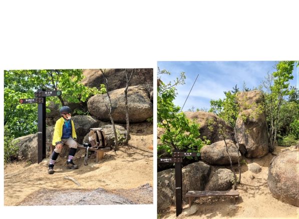 넉바위 쉼터 의지에 배닝 내려놓고 찍은 본인 인증샷, 노란 상의, 헬멧착용,