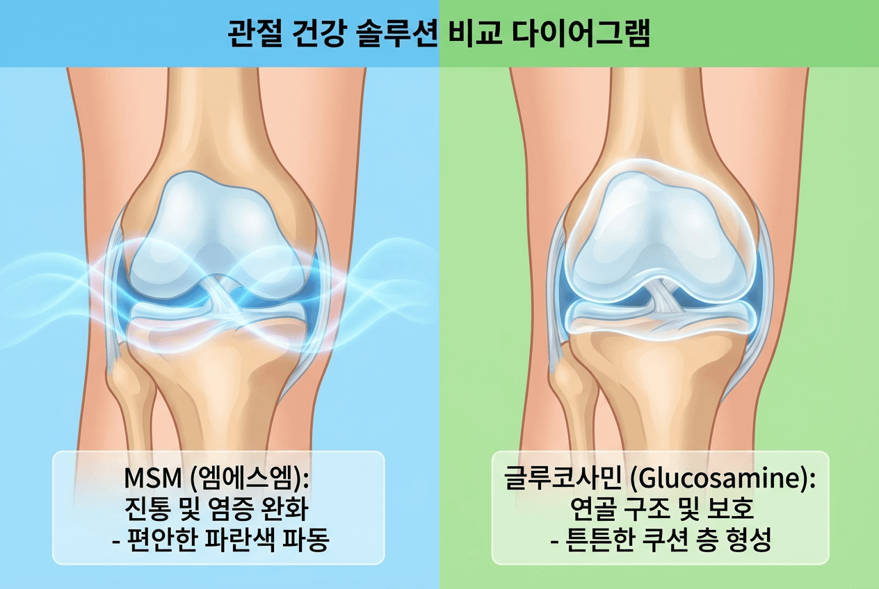 건강한 무릎 관절의 해부학적 구조와 연골의 위치를 보여주는 3D 의료 일러스트 (대퇴골, 슬개골, 경골, 정상 연골)