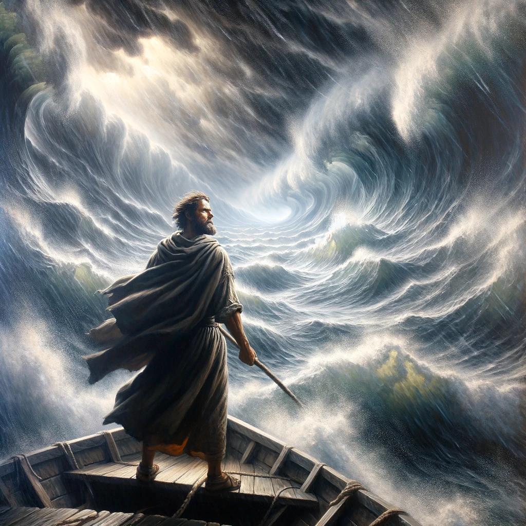 Here is the image depicting a person of great faith enduring a massive storm and hunger while on a boat. This scene captures the dramatic oceanic environment and the individual's encouraging and hopeful demeanor amidst the challenging conditions.