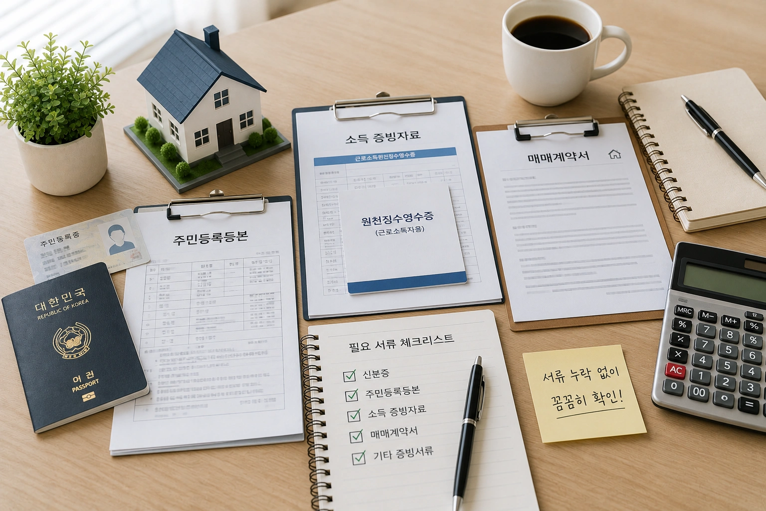 디딤돌대출 신청 전 필요한 신분증&amp;#44; 주민등록등본&amp;#44; 소득 증빙자료&amp;#44; 매매계약서 등 준비 서류를 정리한 이미지