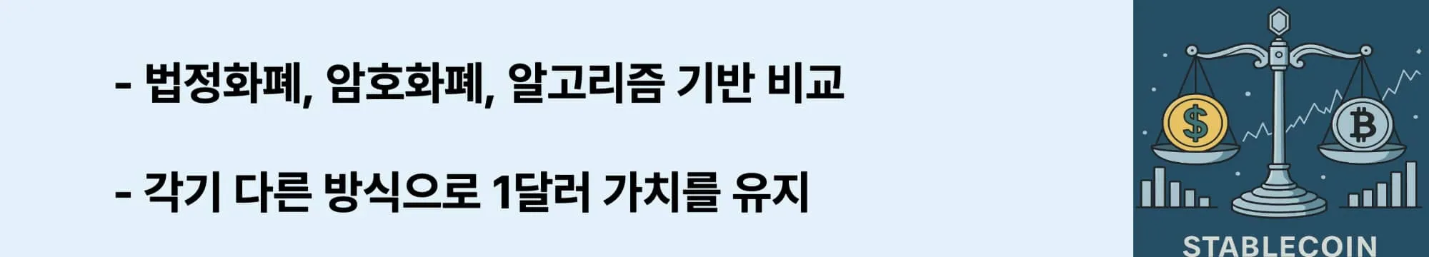 다양한 방식으로 1달러 가치를 유지하는 스테이블 코인의 작동 원리 비교 문구가 들어가 웹배너 이미지 (stablecoin-mechanism)