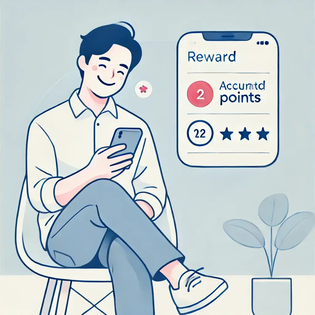 휴대폰으로 적립 포인트를 확인하며 미소 짓는 남자의 일러스트.