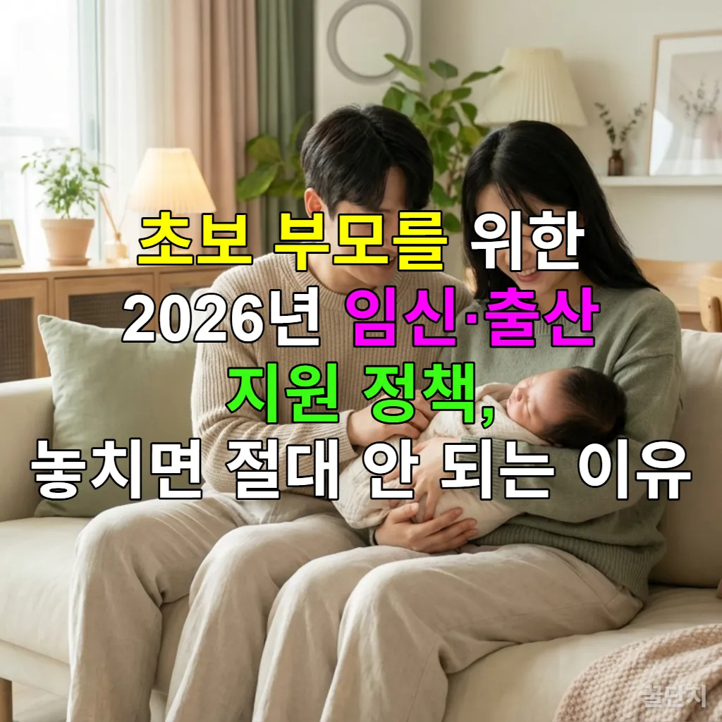 2026년 임신·출산 지원 정책의 혜택을 받고 행복해하는 한국인 초보 부모와 아기 가족 사진