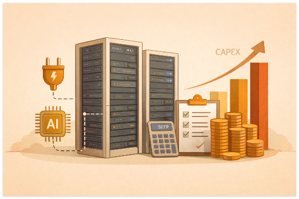 AI 투자 확대와 데이터센터 자본지출 부담을 보여주는 빅테크 일러스트