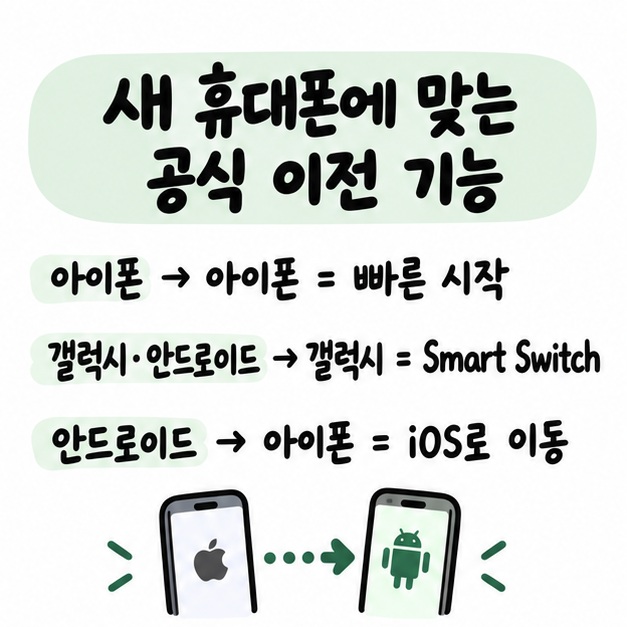 아이폰 빠른 시작과 갤럭시 Smart Switch, 안드로이드에서 아이폰으로 iOS로 이동을 기기 조합별로 보여주는 카드