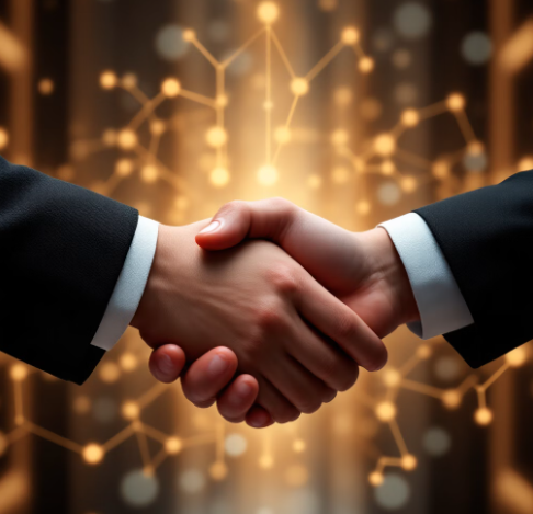 카카오와 오픈AI 협업을 상징하는 악수 이미지