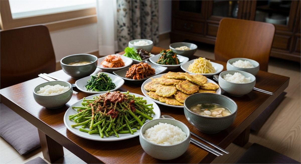 두릅무침과 두릅전이 놓인 봄철 한국 가정식 상차림