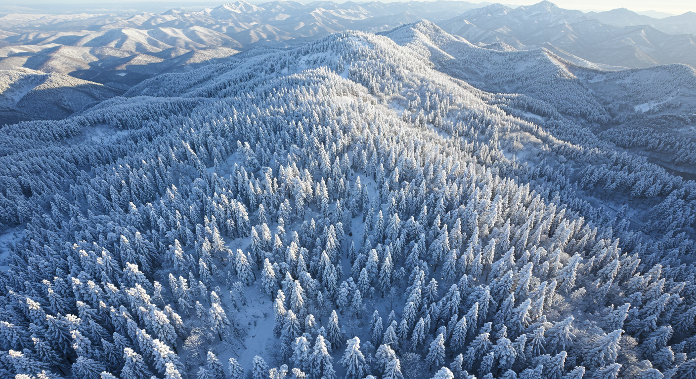 눈꽃으로 뒤덮인 태백산 전체의 겨울 설경 항공 사진