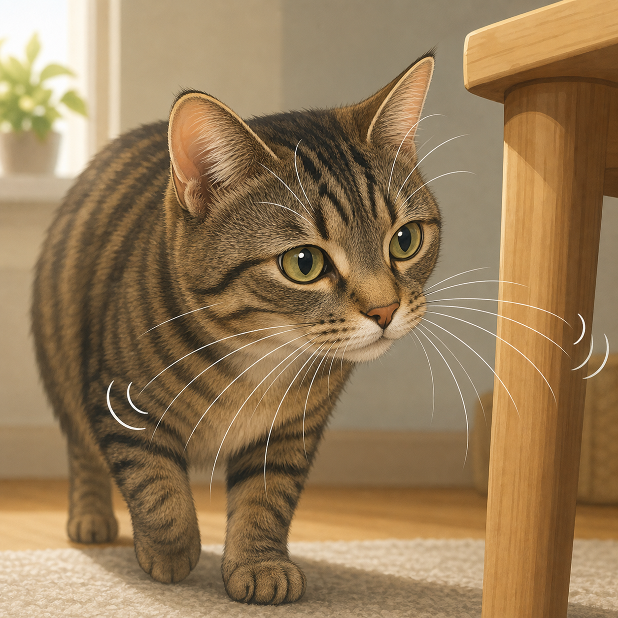 A calm cat using its whiskers to sense nearby objects