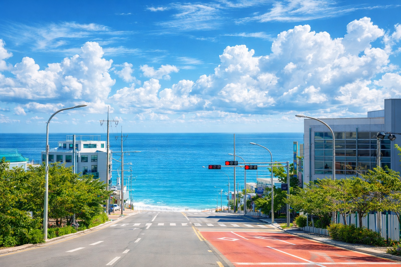 부산 조용한 해안 도로에서 바라본 사람 없는 바다 풍경과 맑은 하늘