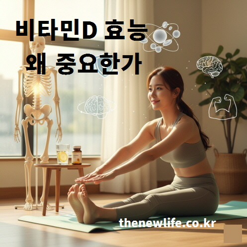 비타민D 효능이 왜 중요한가 – 햇살 아래 요가를 하는 여성과 뼈 건강을 상징하는 해골 모형 이미지