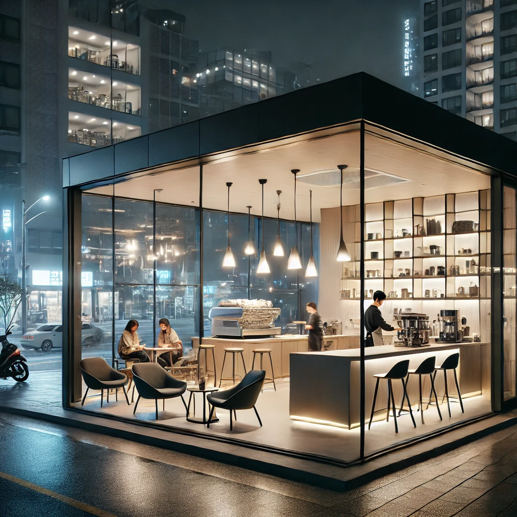 제주도의 모던한 야간 카페, 대형 창문 너머로 도시의 불빛이 보이며 미니멀한 디자인과 편안한 좌석이 있는 내부 풍경