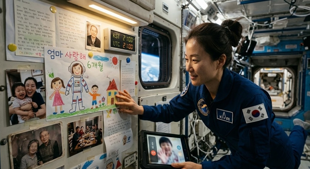 국제우주정거장(ISS) 내부에서 한국인 여성 우주인이 자신의 수면 공간 벽에 붙은 가족 사진과 아이들의 그림을 만지며 환하게 웃고 있는 모습.