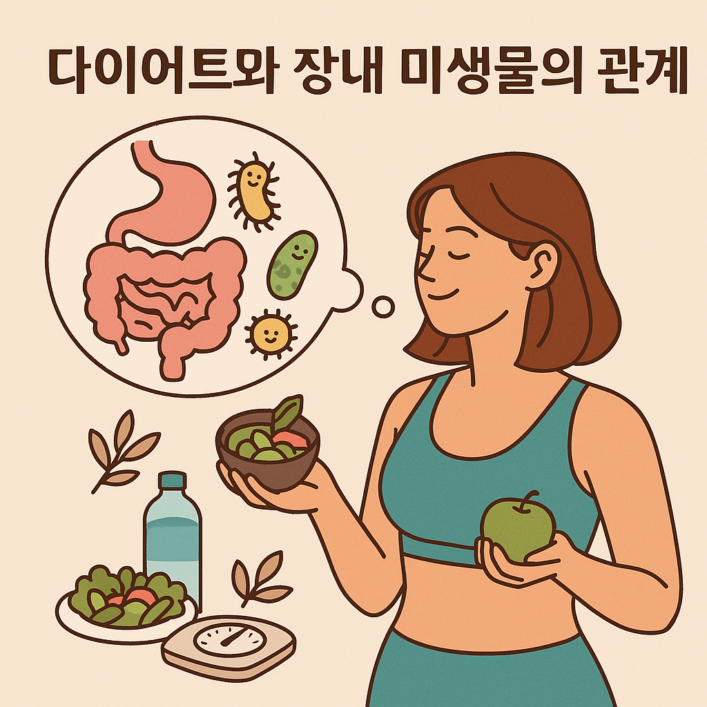 다이어트와 장내 미생물의 관계"라는 제목 아래, 운동복을 입은 여성이 사과와 샐러드를 들고 미소 짓고 있으며, 그녀의 생각 풍선 안에는 장기와 함께 웃는 유익균