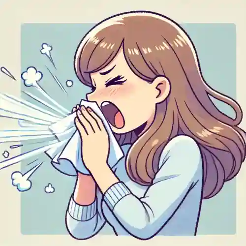 손수건으로 코를 가리고 심하게 재채기하는 여성