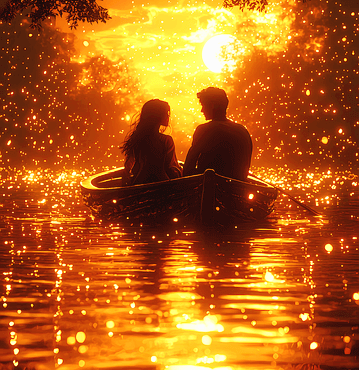 환한 보름달이 뜬 호숫가에 부부가 작은 배를 타고 서로 바라보는 뒷모습이다. 강물과 주변은 황금 빛으로 가득하다.