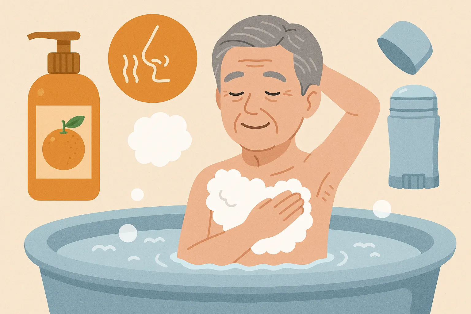 노년층 전용 바디워시(감귤류 오일 성분), 목욕 후 데오도란트 사용 등을 보여주는 체취 관리