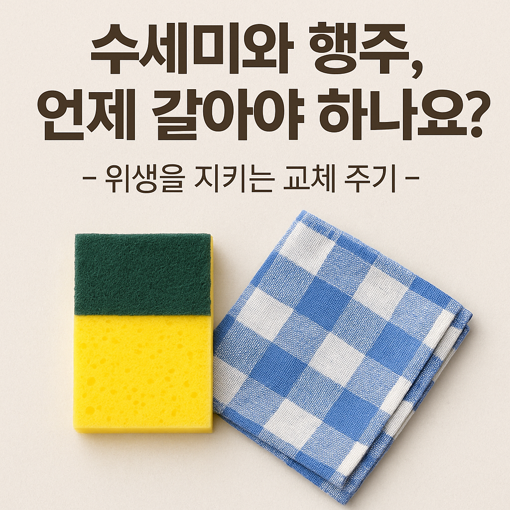 alt="수세미와 행주 교체 주기 안내 – 노란색 수세미와 파란 격자 행주가 나란히 놓여 있고, 위생을 지키는 교체 시기를 알려주는 썸네일 이미지"