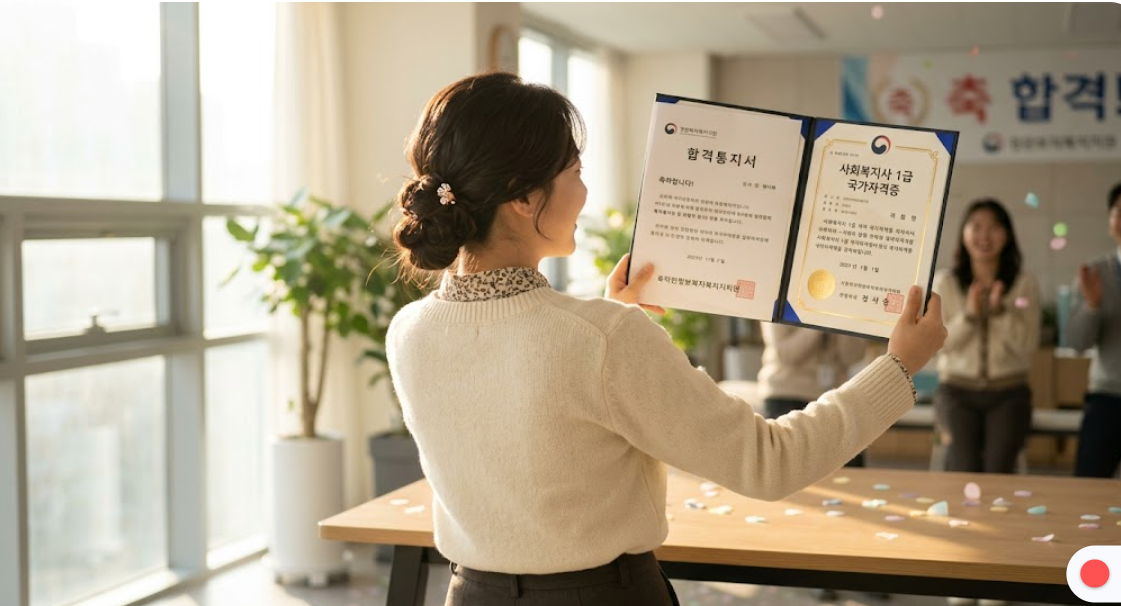 사회복지사 1급 자격증과 합격 통지서를 보며 기뻐하는 여성