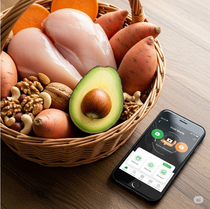 식재료가 풍성하게 담긴 시장 바구니. 닭가슴살, 고구마, 아보카도, 견과류 등이 보이며, 옆에는 스마트폰이 놓여있어 건강한 식단과 디지털 관리를 동시에 상징한다.