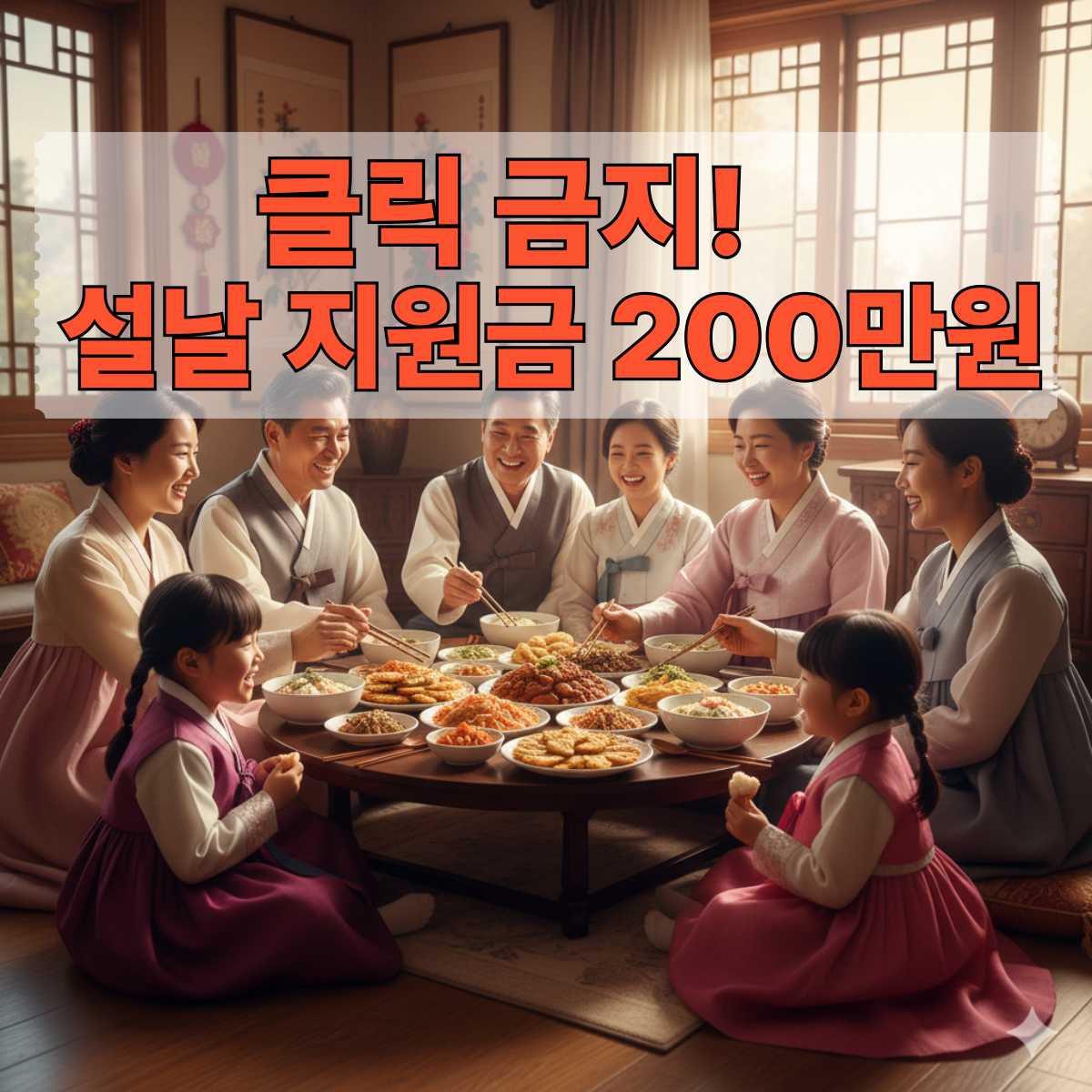 "설날 명절을 맞아 온 가족이 한복을 입고 거실에 모여 앉아 떡국과 각종 명절 음식을 나누며 즐겁게 식사하는 화목한 모습의 고화질 이미지"