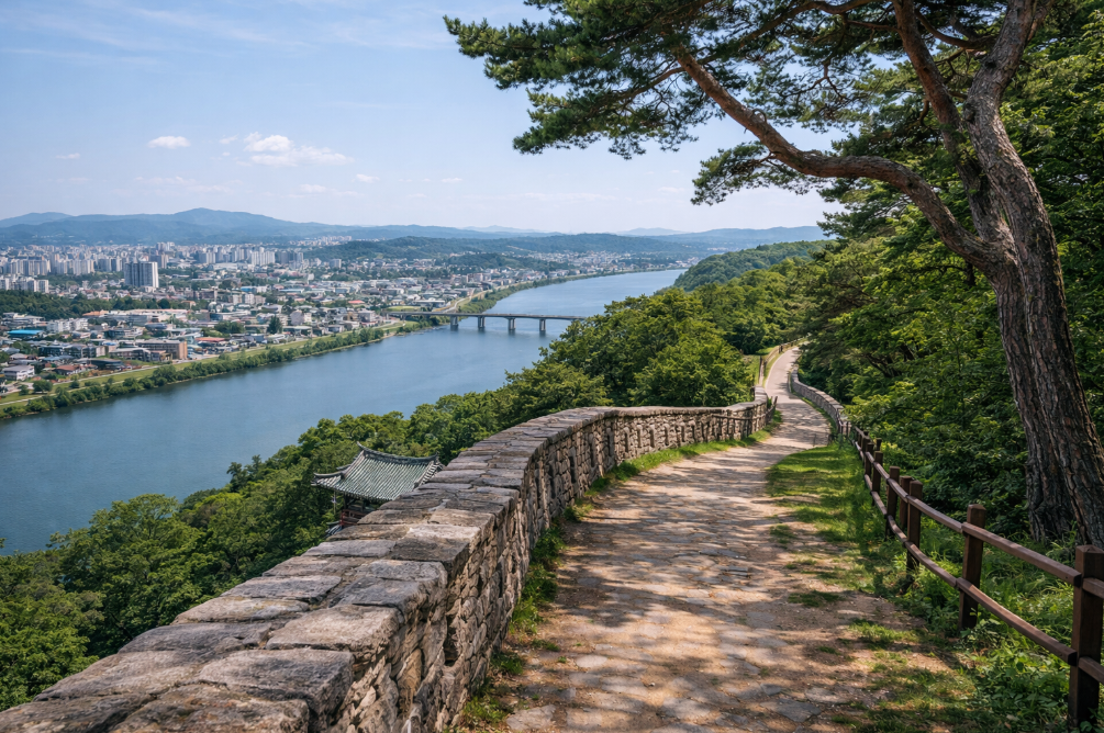 공주 공산성 성벽길과 금강, 시가지 풍경