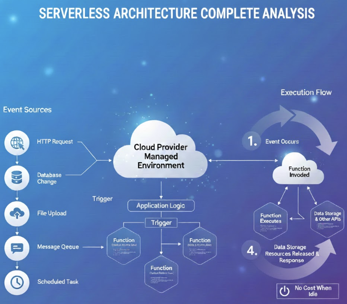 서버리스 아키텍처 다이어그램: HTTP 요청, DB 변경 등 다양한 이벤트 소스에서 클라우드 관리 환경을 통해 함수(Function)를 실행하고 리소스를 해제하는 전체 실행 흐름을 보여줍니다