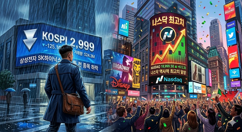파란색 비가 내리는 코스피 전광판을 뒤로하고, 화려한 뉴욕 타임스퀘어 전광판(나스닥 최고치 그래픽)을 향해 걸어가는 투자자의 뒷모습 일러스트