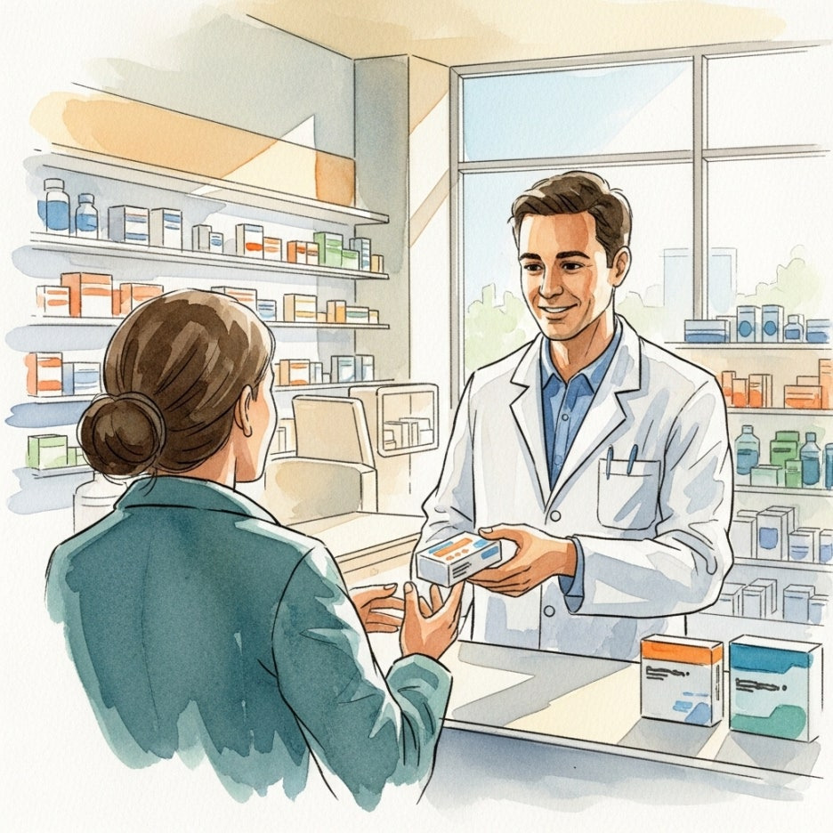 약국에서 전문가와 상담하며 제품을 구매하는 모습