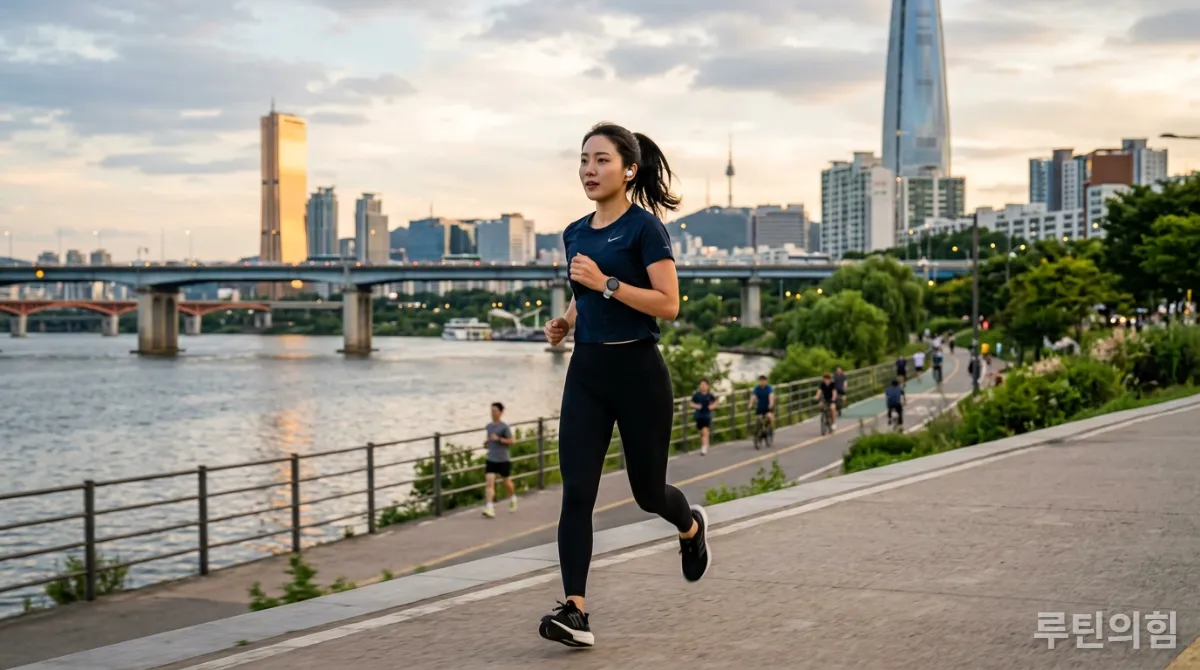 한강변을 조깅하며 오디오북을 듣는 한국인