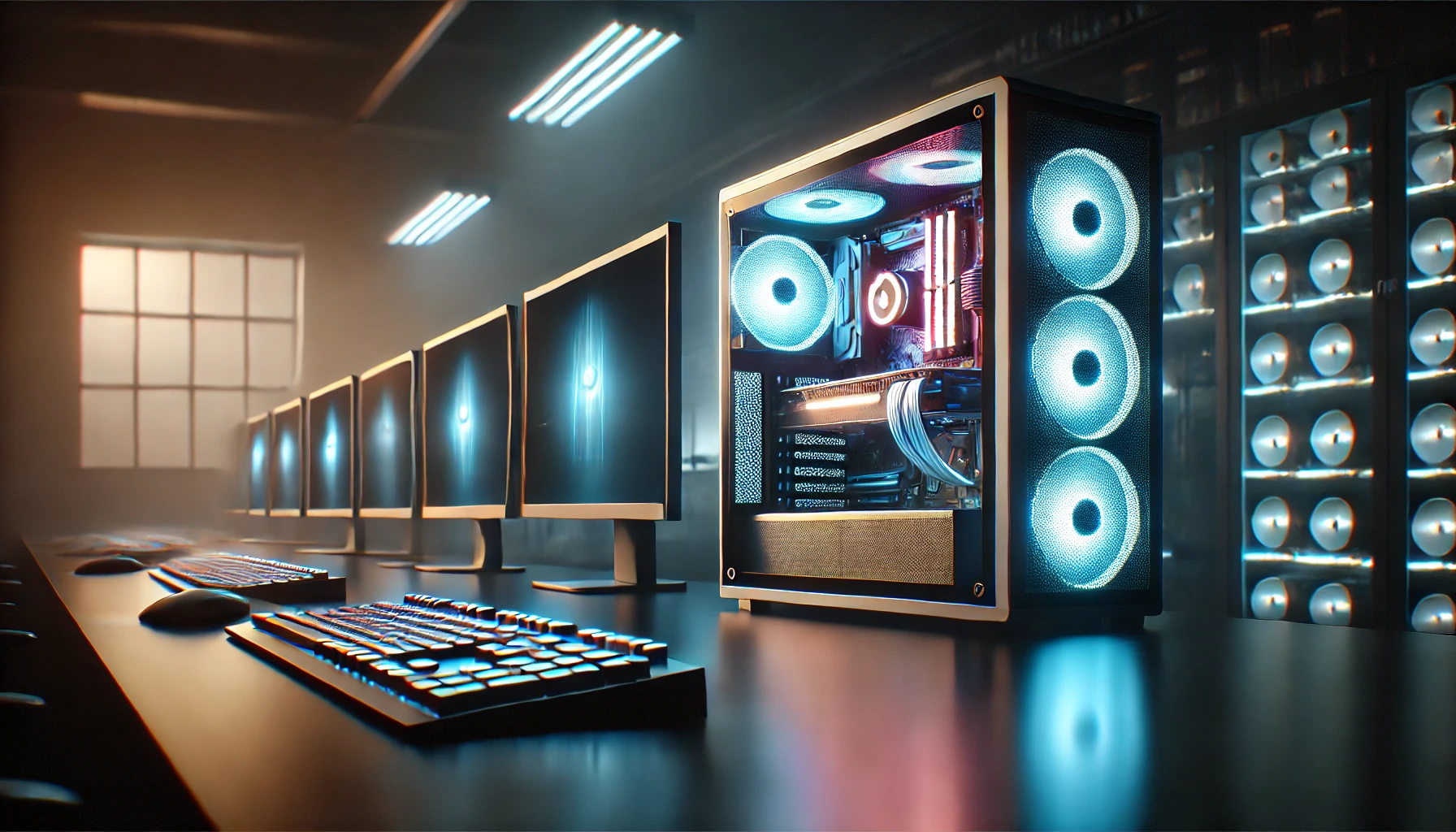 지속적으로 켜진 컴퓨터

LED가 빛나는 고사양 데스크톱 PC와 다중 모니터 셋업