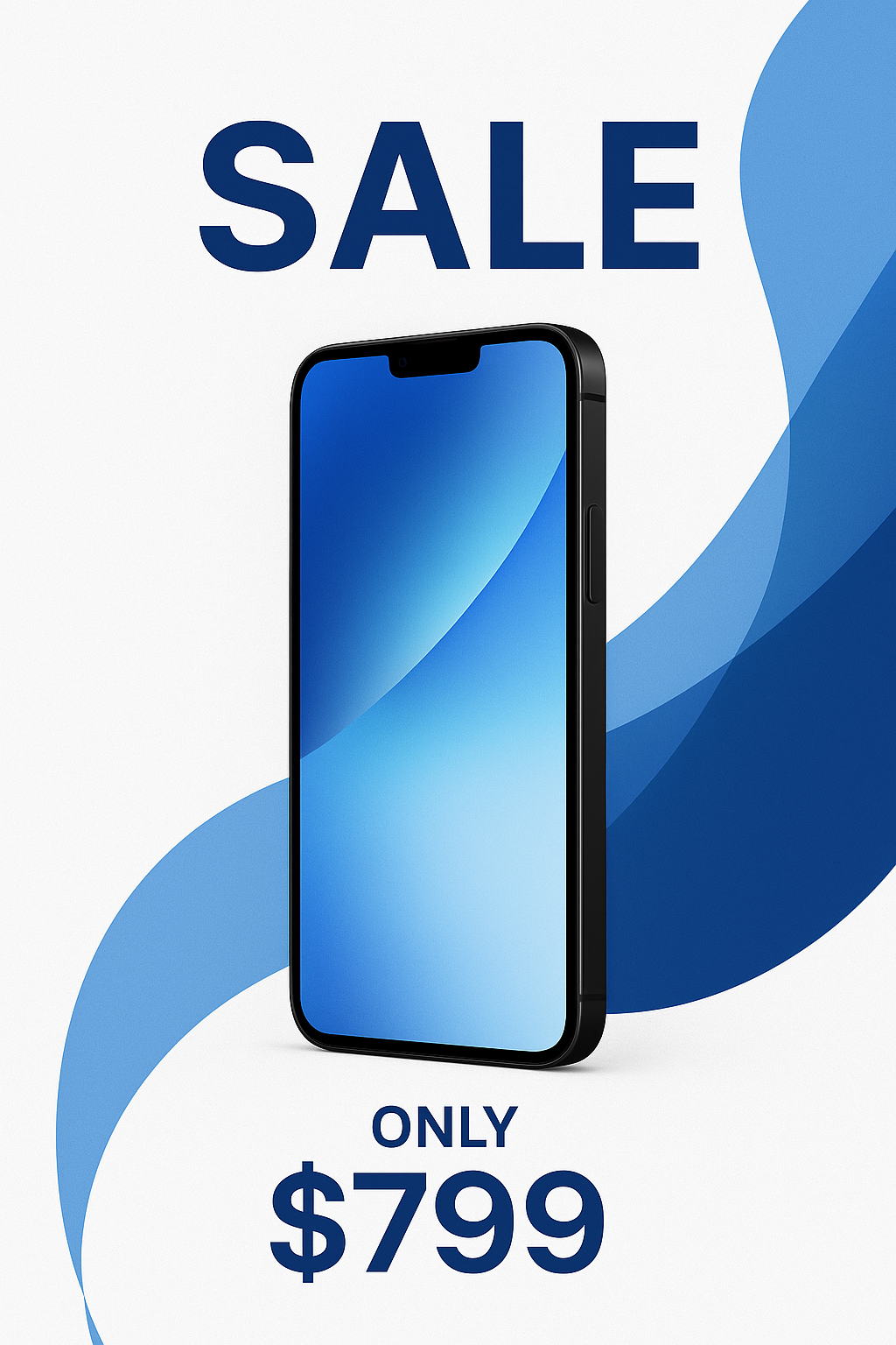 세련된 마케팅 배너 디자인, 화이트 & 블루 계열, 중심에는 제품 이미지(예: 스마트폰), 상단에 큼직한 세일 문구, 깔끔한 레이아웃, 고해상도, 현대적 느낌