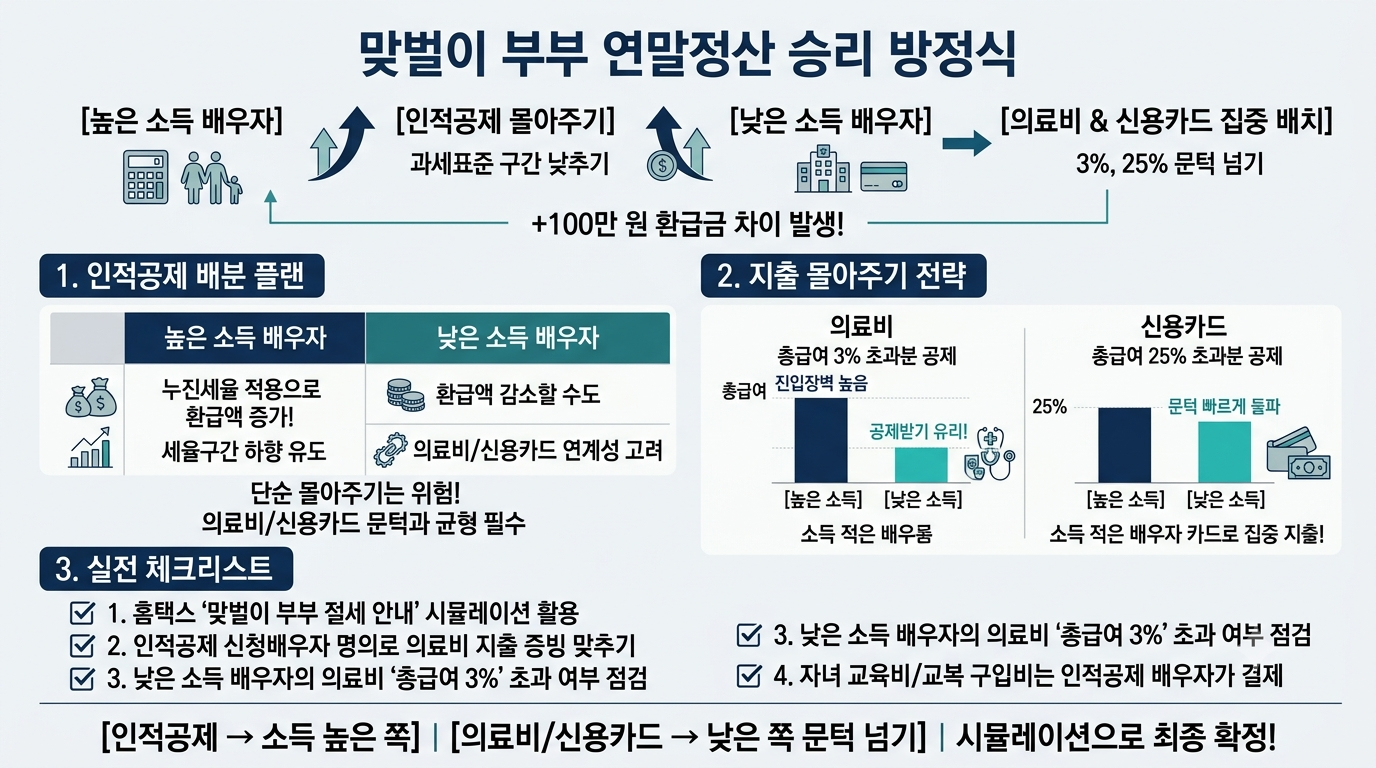 맞벌이 부부 연말정산 절세 전략 인포그래픽 인적공제 몰아주기 및 의료비 신용카드 공제 문턱 비교
