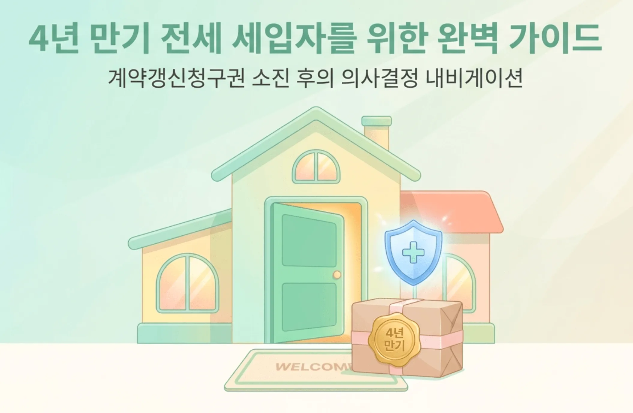 계약갱신청구권 사용후 연장 가능 여부를 안내하는 대표 이미지. 4년 만기 전세 세입자를 위한 완벽 가이드라는 제목과 계약갱신청구권 소진 후의 의사결정 내비게이션이라는 부제가 표시되어 있으며 집 모양 일러스트와 4년 만기 도장이 찍힌 박스 그리고 보호 방패 아이콘이 함께 배치되어 있다. 이 이미지는 계약갱신청구권 재계약과 전세보증금 인상 대응 및 복비 부담 기준 등 갱신권 소진 후 세입자가 알아야 할 핵심 정보를 시각적으로 전달한다