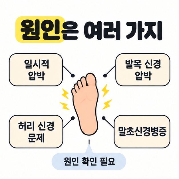 일시적 압박, 발목 신경 압박, 허리 신경 문제, 말초신경병증을 가능한 원인으로 연결하고 원인 확인이 필요함을 안내한 도식