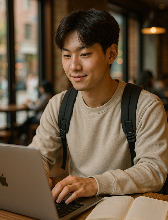 카페에서 노트북과 공책을 펼쳐두고 작업하는 남성사진