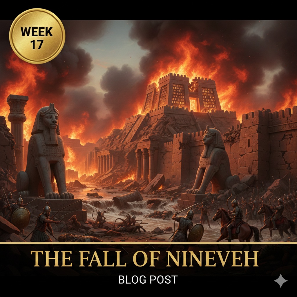 A dramatic cinematic illustration of the Fall of Nineveh in BC 612, showing the ancient Assyrian city engulfed in flames, crumbling stone statues, and the Tigris River flooding through the gates during the final siege by the Medes and Babylonians.