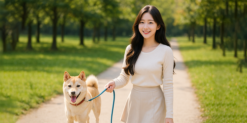 꿈에서 강아지와 산책하는여성