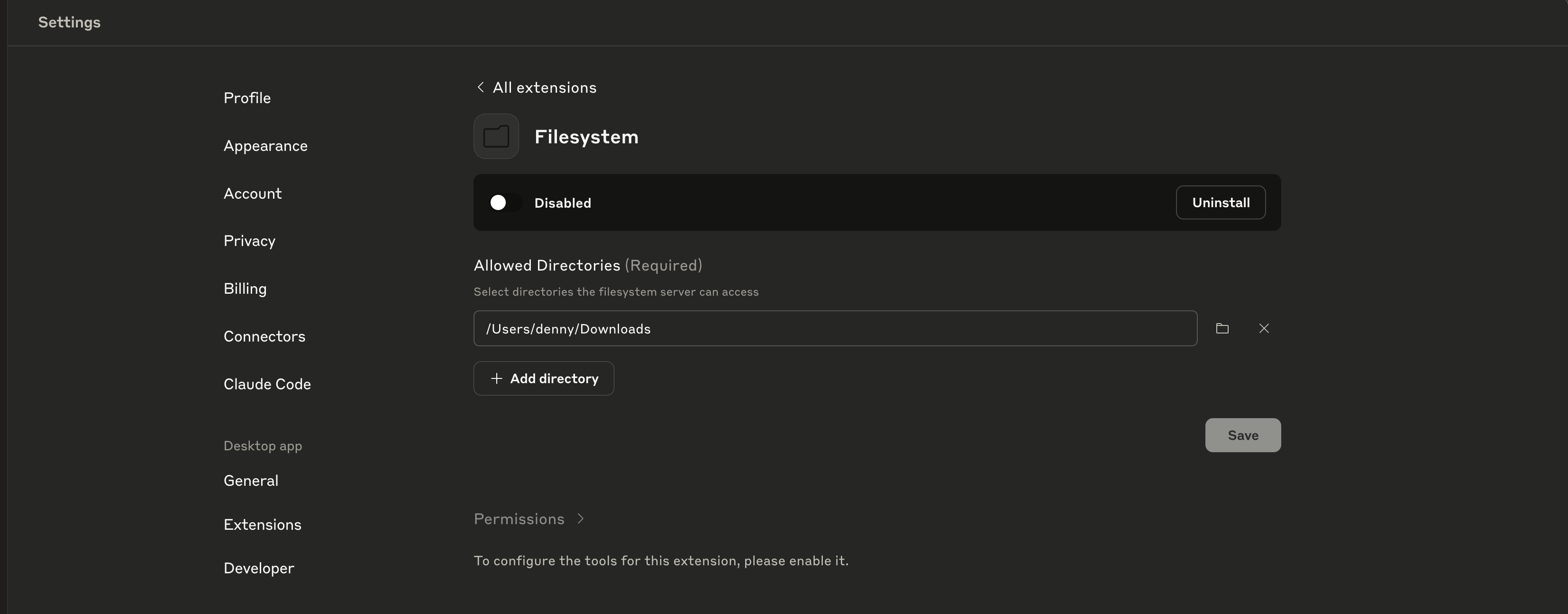 Claude Desktop > Setting > Extensions > Filesystem MCP와 접근 폴더를 손쉽게 설정할 수 있습니다.