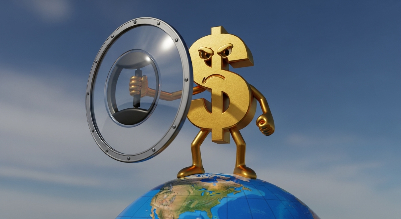 Dollar sign holding a safety shield standing on a globe.