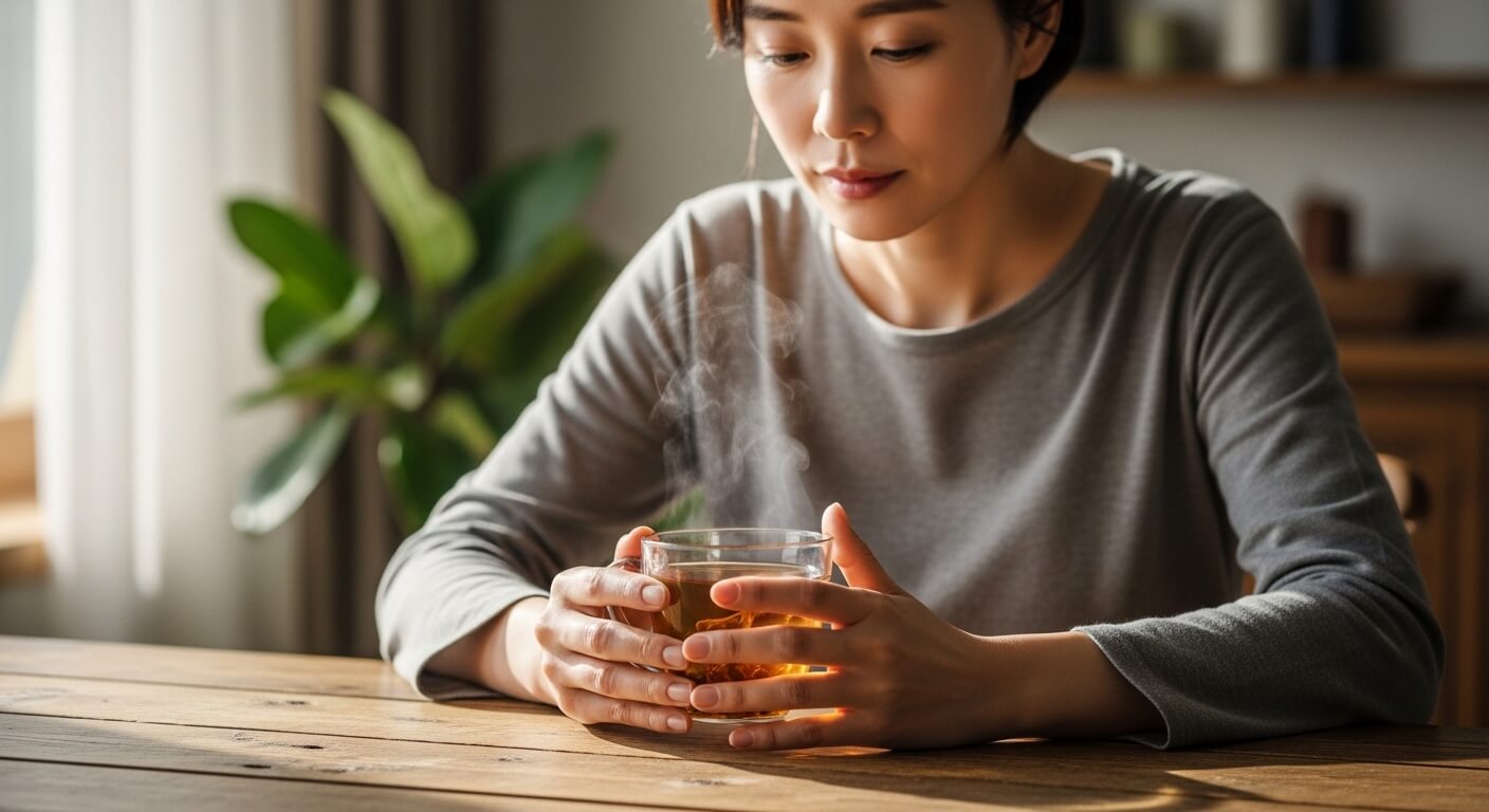 숙취 완화를 위해 헛개나무차를 마시는 장면