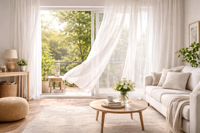 바람에 커튼이 날리는 거실
