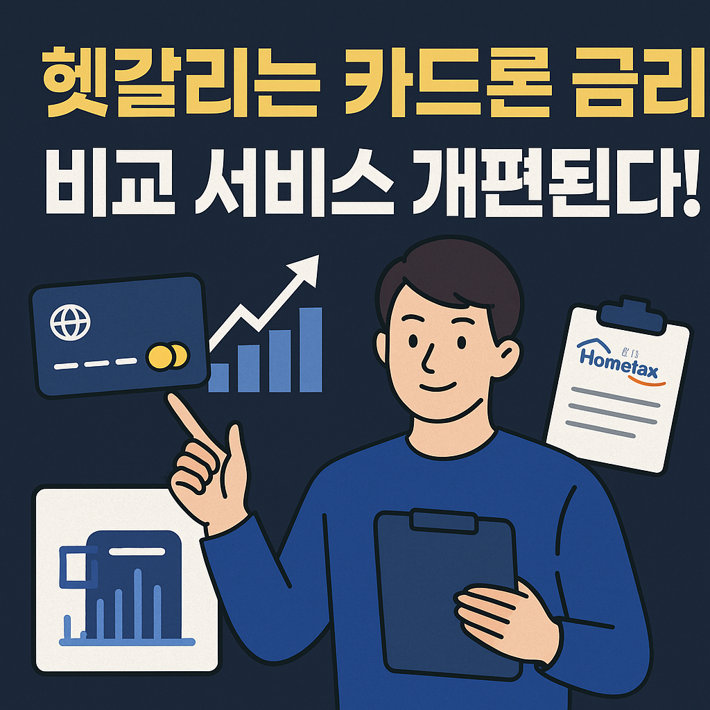 카드론 금리 비교 서비스 개편을 알리는 썸네일, 금융 관련 일러스트 속에 젊은 남성이 차트를 가리키고 Hometax 문서를 들고 있는 장면