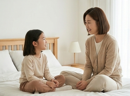 엄마와 딸이 마주 앉아 웃으며 대화하는 장면