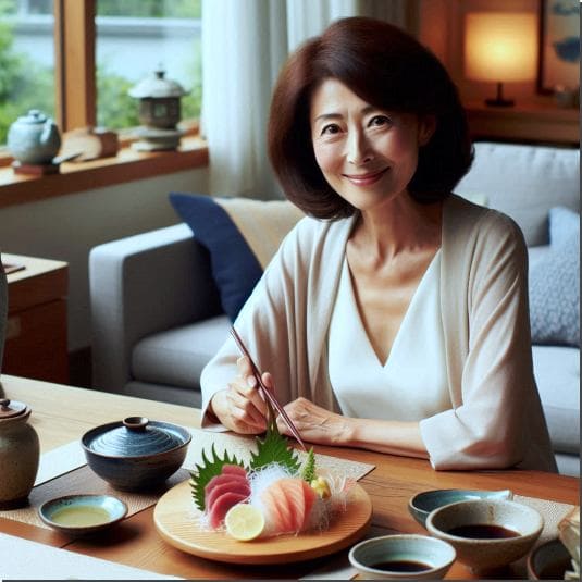 고래회충 감염경로, 회 먹는 중년 여성 사진