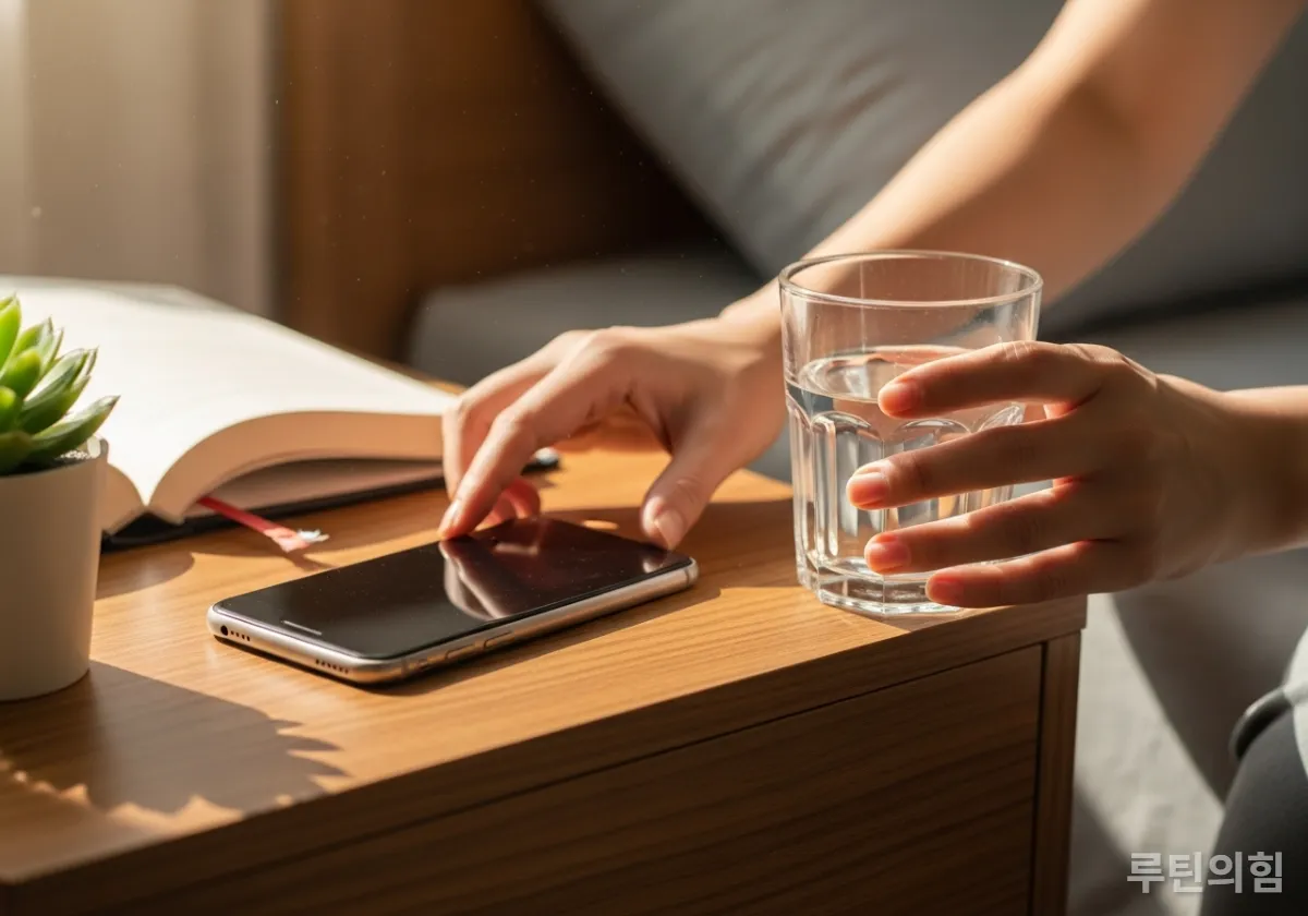 스마트폰 대신 물 잔을 집어 드는 한국 여성의 손