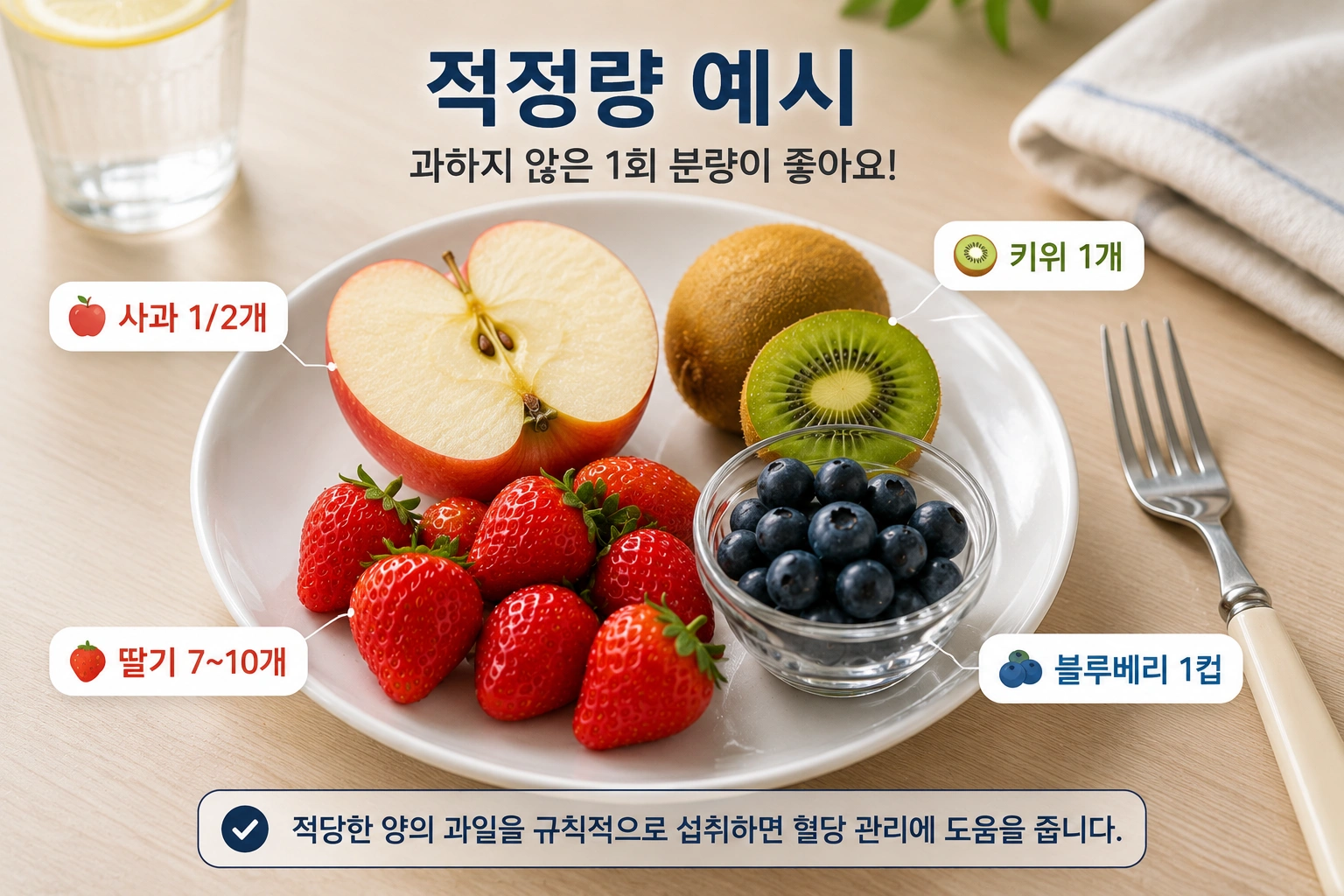당뇨 환자를 위한 과일 1회 적정 섭취량 예시로 사과 반 개&amp;#44; 키위 1개&amp;#44; 딸기&amp;#44; 블루베리를 담은 건강한 식단 이미지