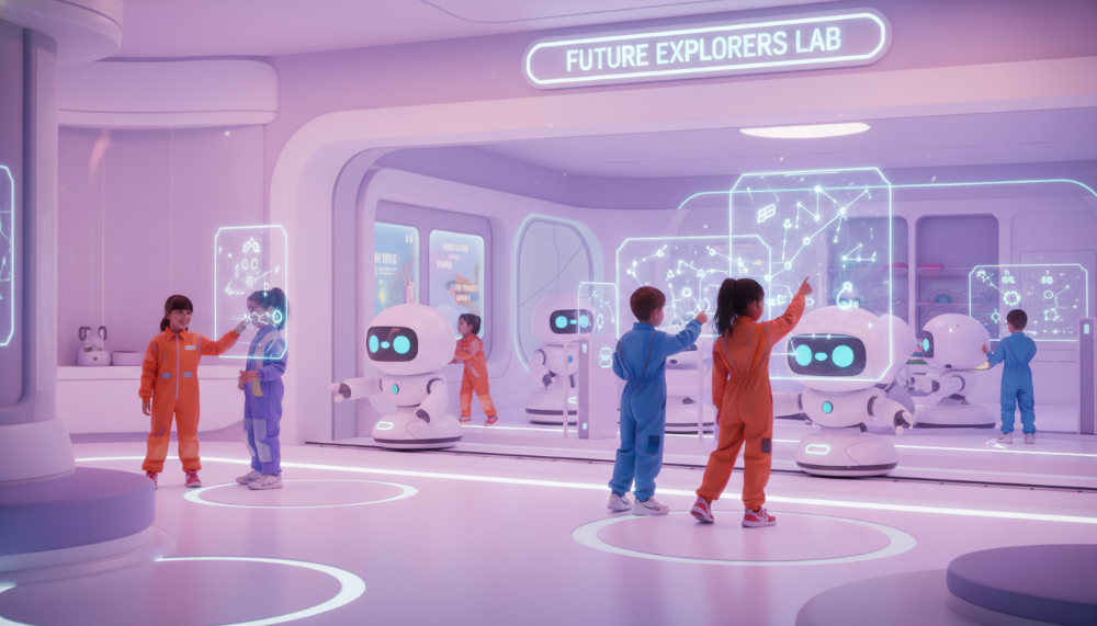 아이들이 홀로그램 전시를 즐기고 있는 미래형 어린이 과학 박물관 내부 모습